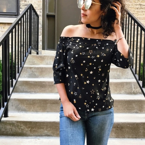 Tops - Black Gold  Metallic Star Print Off Shoulder Top